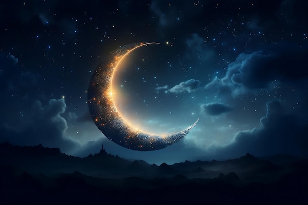 Lua crescente brilhante iluminando o céu noturno AI
