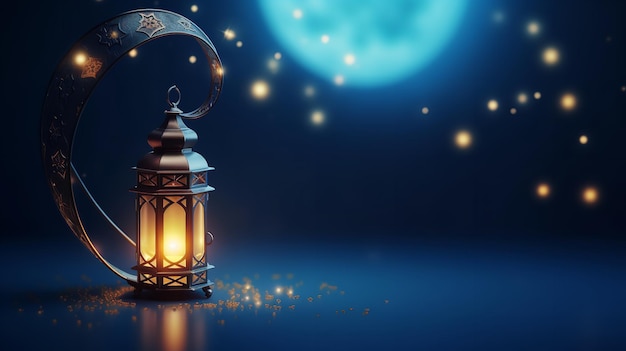 Lua crescente com lanternas acesas Ramadan Karim conceito de fundo Generative Ai