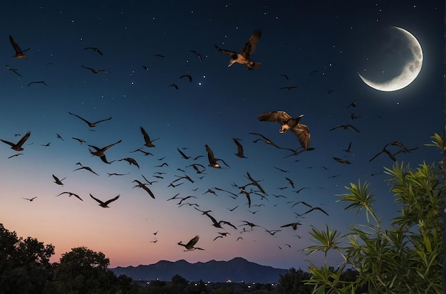 Lua crescente com um bando de pássaros voando