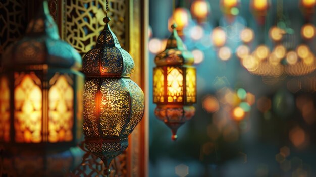 Lua crescente dourada com lanternas em uma mesquita Ramadan Kareem fundo