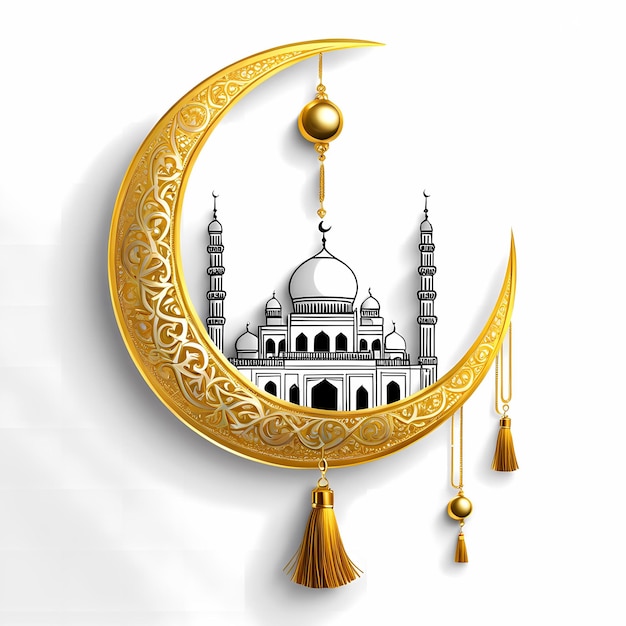 Lua crescente dourada isolada em um fundo branco festival islâmico celebrando o Ramadan
