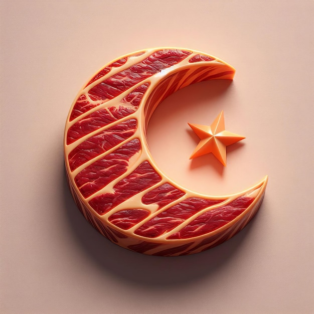 Lua crescente realista em 3D feita de carne bovina com tema do Ramadão isolado no fundo