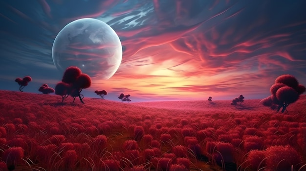 Lua de cereja de fantasia sobre o campo ao pôr do sol renderizada em 3D