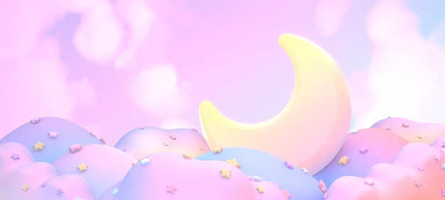 Lua de desenho animado renderizada em 3D em nuvens roxas pastéis macias