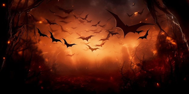 lua de outono com morcegos graciosamente voando contra seu brilho criando um padrão hipnotizante e etéreo de Halloween IA generativa