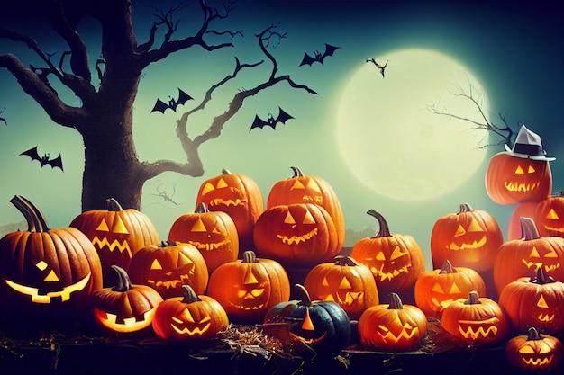 Lua e neblina abóboras de Halloween com rostos cortados Brilho e árvore assustadora
