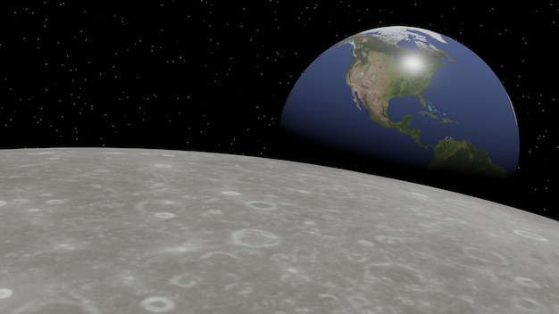 Foto lua e sua cratera com terra azul e campo estelar em background3d rendering