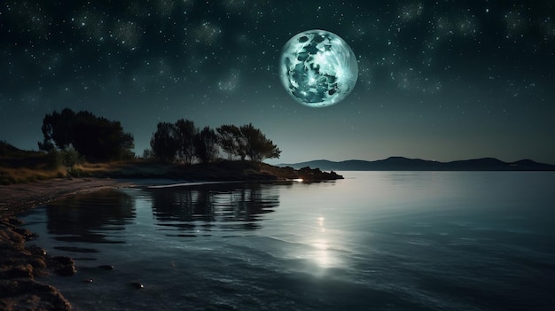 Lua em um céu estrelado de fundo refletido no mar Generative ai