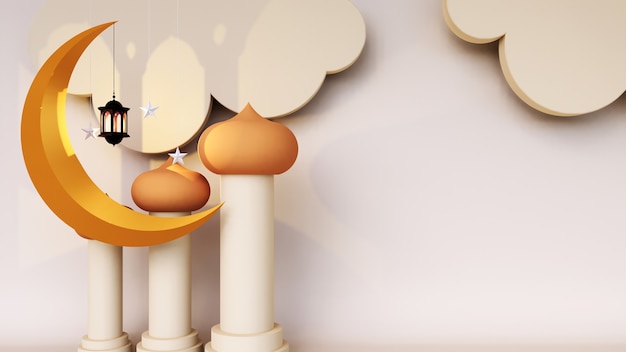Lua, lanterna e torres 3D, fundo do Ramadã