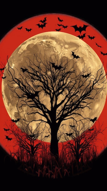 lua morcegos vintage retrô livro cartão postal ilustração fantasia assustadora de halloween dos anos 1950 sorriso paisagem