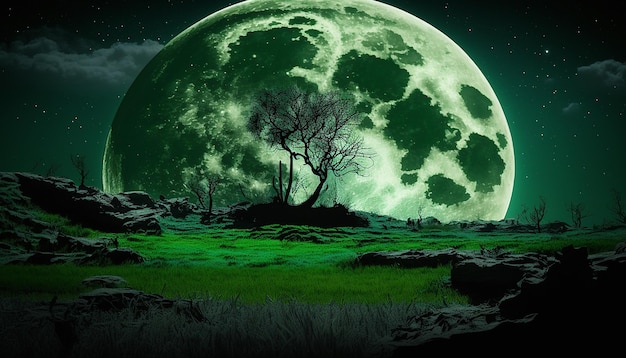 Lua, noite, montanha, imagem da árvore da morte, arte gerada por Ai