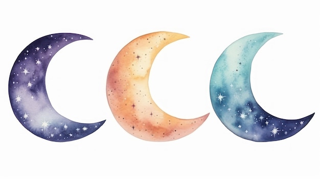 Lua Nova colorida isolada em fundo branco Aquarela desenhada à mão Abstracto Luas geradas por IA