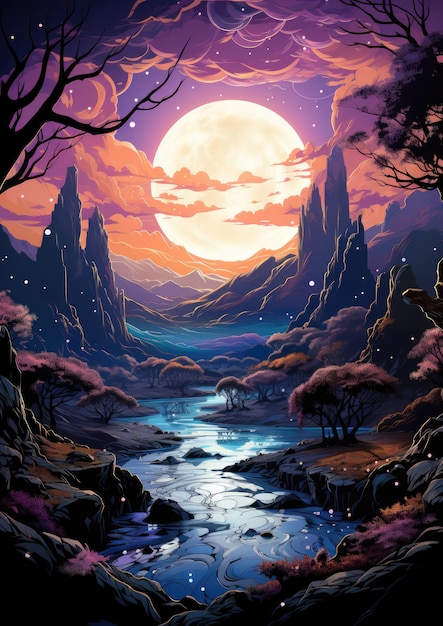 lua paisagem sonhadores fantasia mistério tarô ilustração arte tatuagem cartaz cartão noite