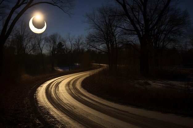 Lua sobre a estrada de campo sinuosa
