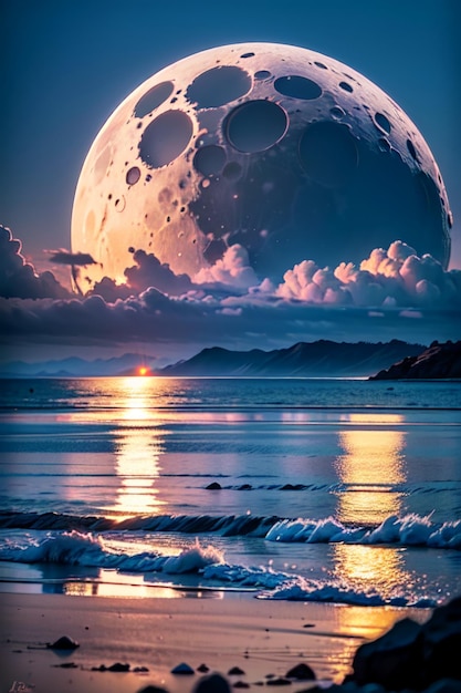 Lua sobre o oceano com montanhas ao fundo