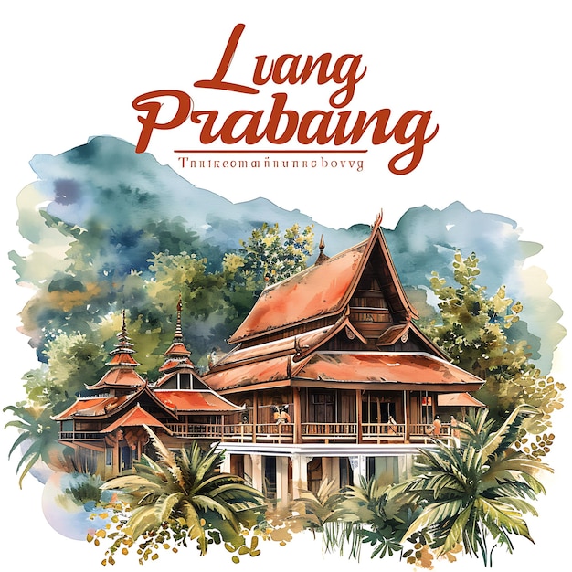 Luang Prabang Text mit anmutiger und fließender Typografie Desi Aquarell Lanscape Arts Collection