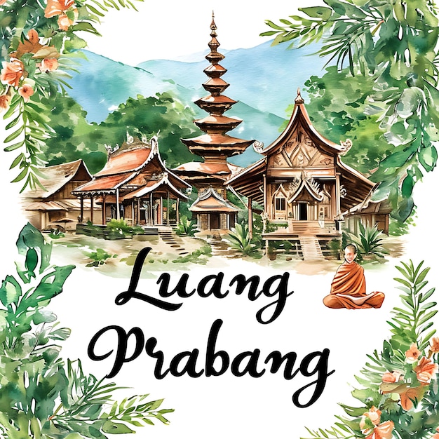 Luang Prabang Text mit anmutiger und fließender Typografie Desi Aquarell Lanscape Arts Collection