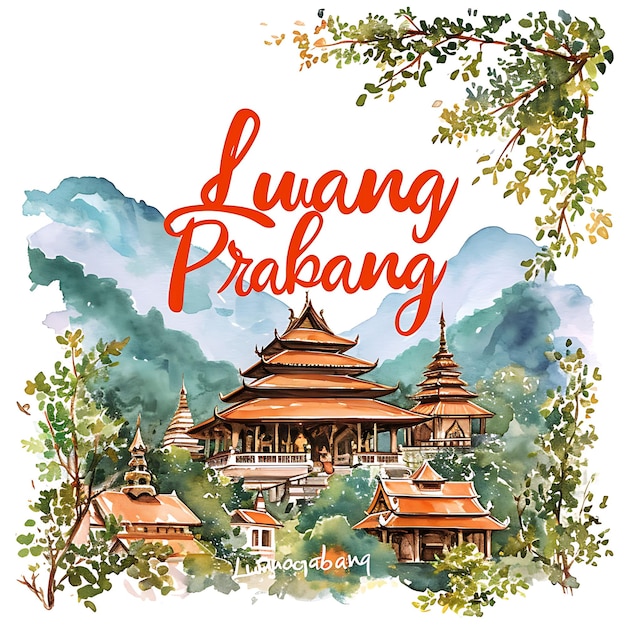 Luang Prabang Text mit anmutiger und fließender Typografie Desi Aquarell Lanscape Arts Collection