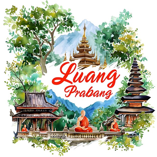 Luang Prabang Text mit anmutiger und fließender Typografie Desi Aquarell Lanscape Arts Collection