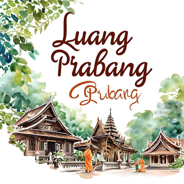 Luang Prabang Text mit anmutiger und fließender Typografie Desi Aquarell Lanscape Arts Collection