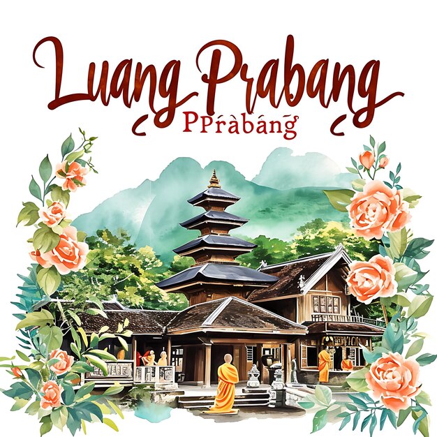 Luang Prabang Text mit anmutiger und fließender Typografie Desi Aquarell Lanscape Arts Collection