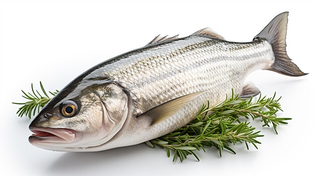 Lubina cruda Una lubina fresca pescado aislado sobre fondo blanco con trazado de recorte