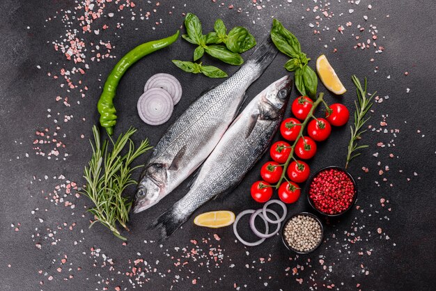 Lubina de pescado fresco e ingredientes para cocinar. Lubina pescado crudo con especias y hierbas sobre una mesa oscura