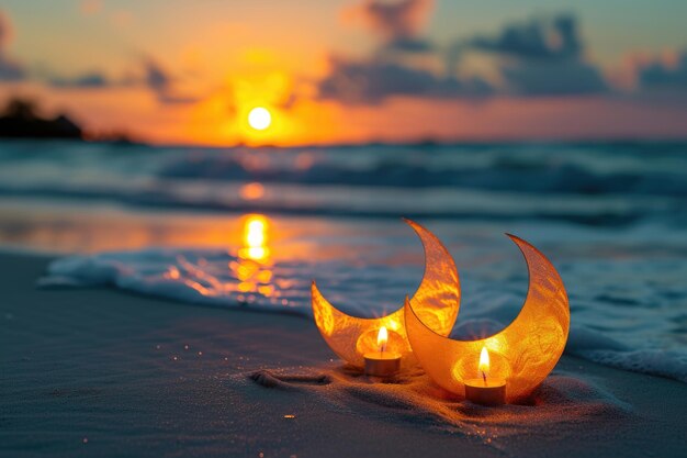 Luce de vela tradicional con forma de luna creciente en la playa Ramadán Kareem de fondo
