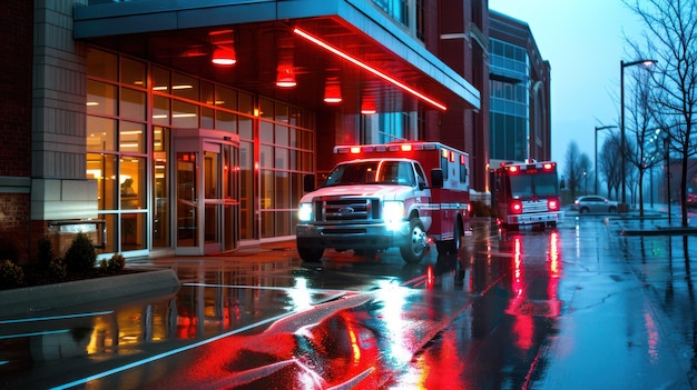 Las luces de las ambulancias parpadean fuera de la entrada de una sala de emergencias.