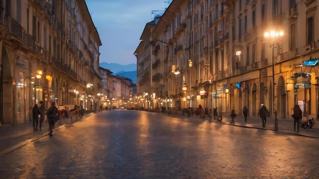 Luces azules al atardecer en la calle de Turín, Italia