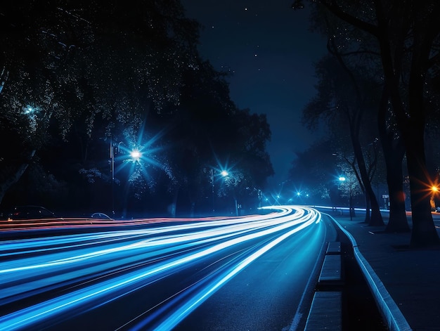 luces azules de automóviles por la noche larga exposición