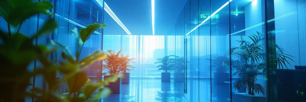 Luces azules y verdes que mejoran el fondo abstracto de una oficina moderna perfecta para negocios