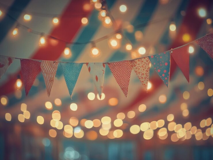 Luces y banderas de cuerda festivas