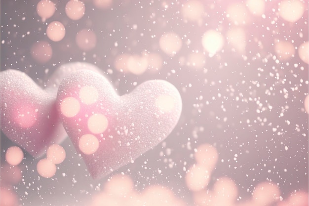 Luces bokeh de corazones muy pequeños, fondo con nieve.