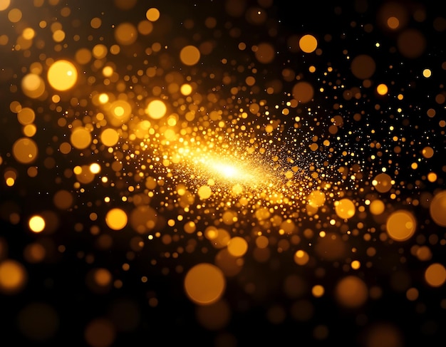 Las luces bokeh doradas festivas estallan sobre un rico fondo negro con un impresionante efecto decorativo