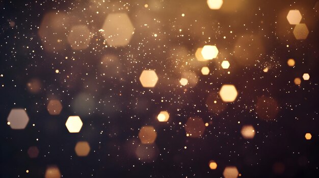 Luces bokeh doradas con formas hexagonales brillantes y partículas en un fondo oscuro