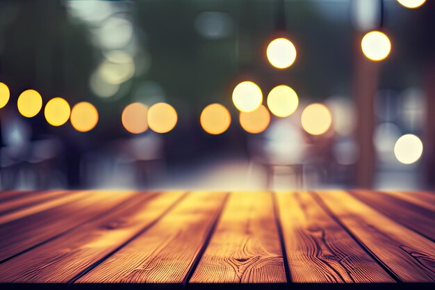 luces bokeh fondo borroso de mesa de madera vacía abierta y jaula de aire