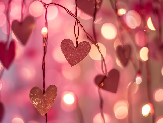 Foto luces bokeh en forma de corazón sobre un fondo rosado atmósfera soñadora y romántica para el día de san valentín