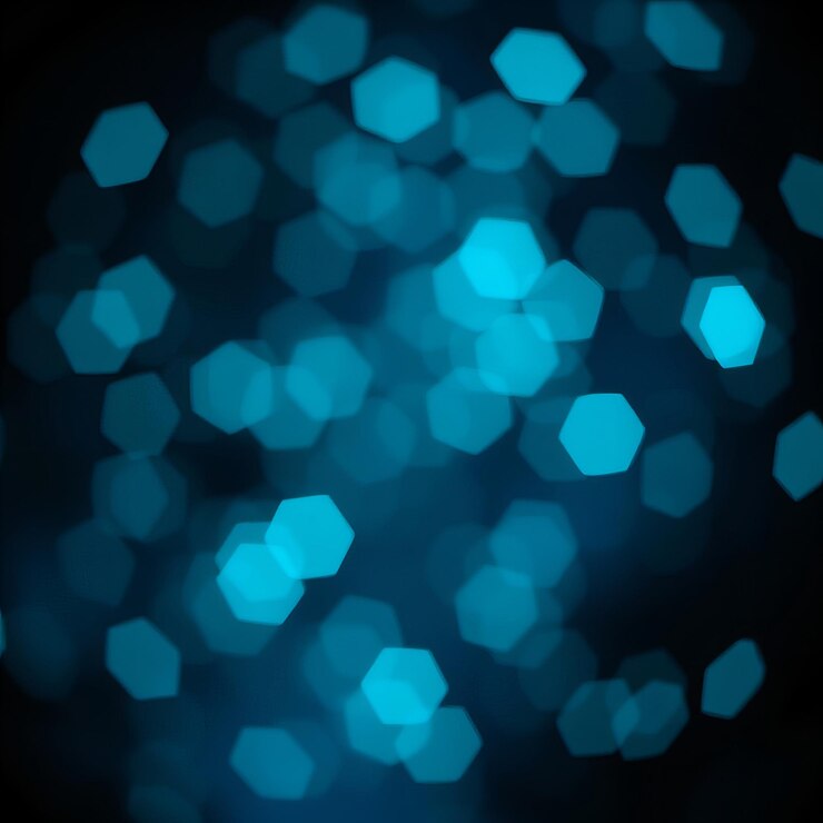Foto luces de bokeh hexágono azul sobre un fondo azul oscuro
