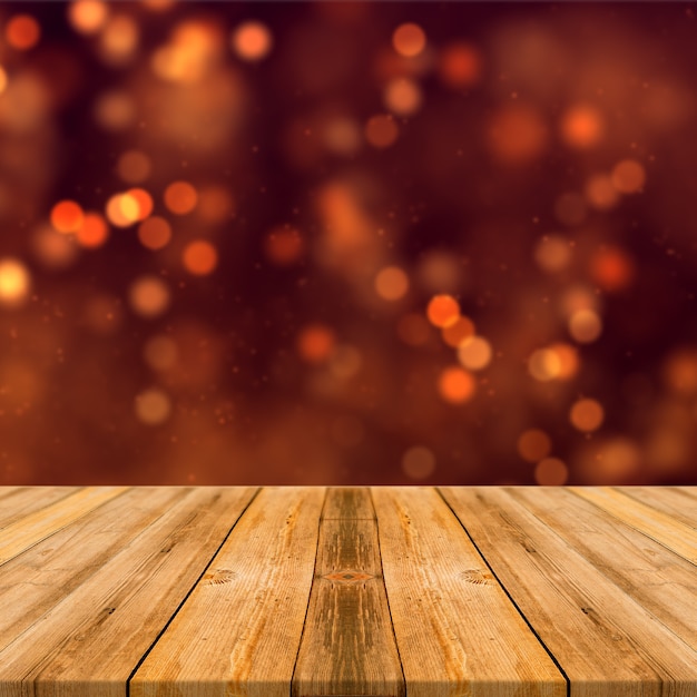 Luces de bokeh marrón naranja con exhibición de productos de mesa de madera