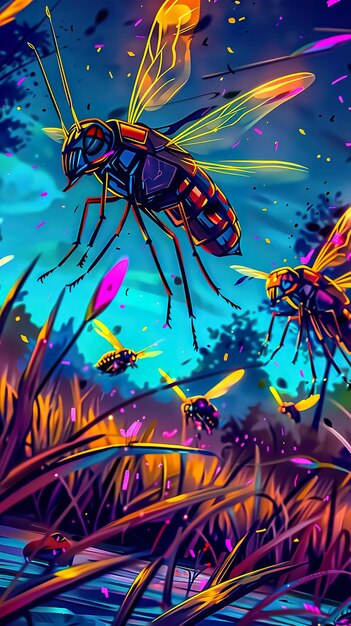 Luces brilhantes céu noturno insetos mágicos dançando em torno de uma lagoa tranquila noite de verão imagem realista hora de ouro iluminação efeito HDR close-up