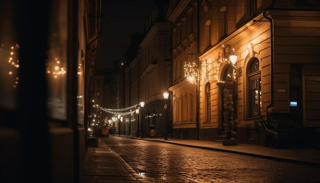 Las luces brillantes de la ciudad iluminan la arquitectura antigua al atardecer generada por IA