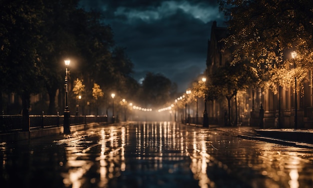 Las luces brillantes del distrito en la megapolis bajo el cielo oscuro por la noche en un fondo borroso