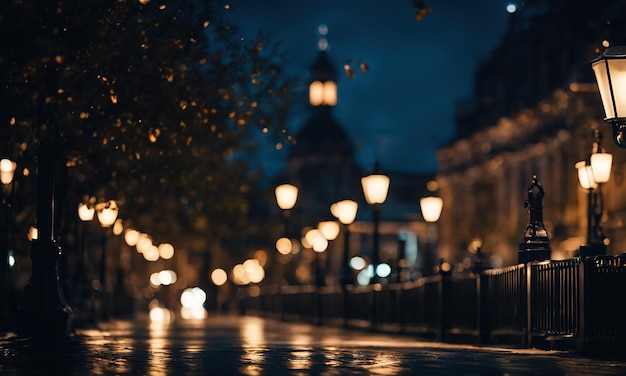 Las luces brillantes del distrito en la megapolis bajo el cielo oscuro por la noche en un fondo borroso