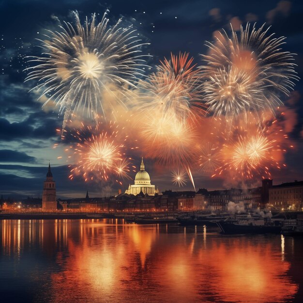 Las luces brillantes de la gran ciudad suenan en el año nuevo con fuegos artificiales urbanos