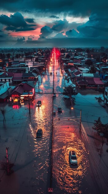 Las luces de las calles reflejan las aguas de la inundación que inundan una zona residencial por la noche creando una escena sombría pero cautivadora