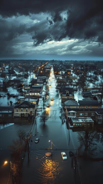 Foto las luces de las calles reflejan las aguas de la inundación que inundan una zona residencial por la noche creando una escena sombría pero cautivadora