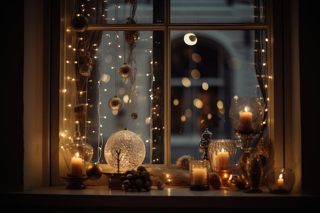 Luces centelleantes y decoraciones festivas en un primer plano de una ventana