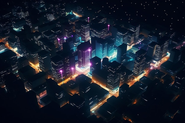 Luces de la ciudad desde arriba Una vista de pájaro de una metrópolis iluminada por la noche