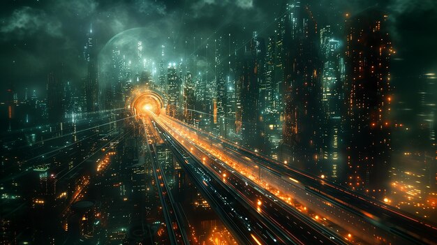 Las luces de la ciudad futurista de la metrópolis brillantes por la noche